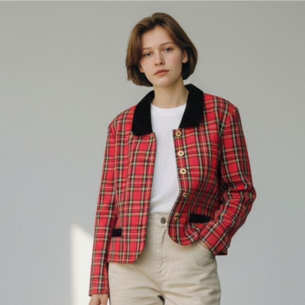 Vtg Red Plaid Blazer velvet Collar 90s Christmas‎ Tartan 16 Academia collegiate